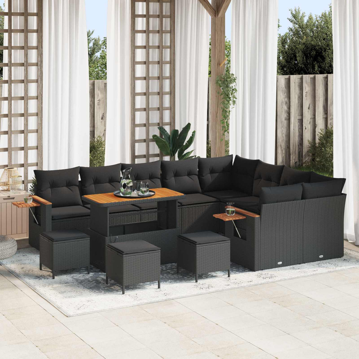 Gartensofa Set Schwarz mit Kissen, 13-teilig