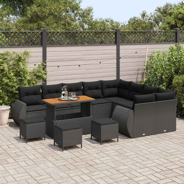 vidaXL Garden Sofa Set with Cushions 13 pcs Black Poly Rattan