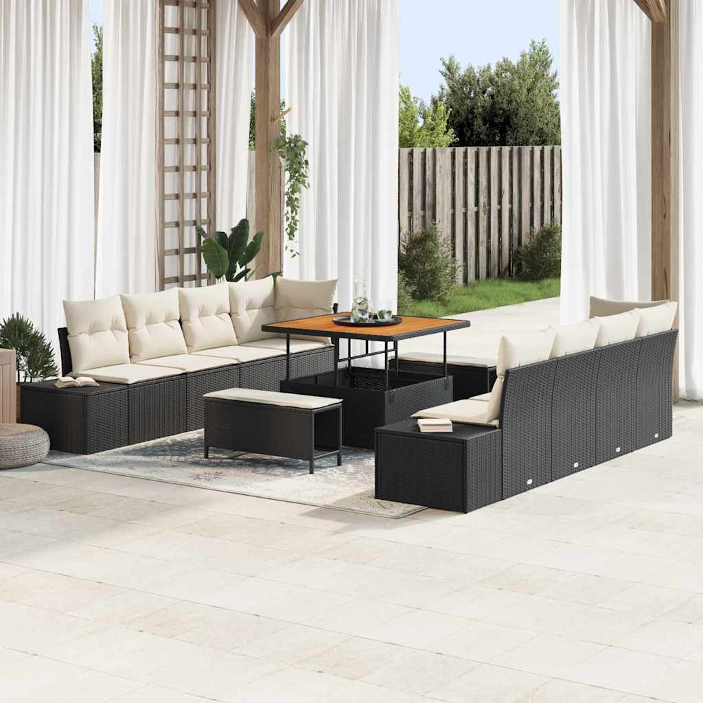 vidaXL Garden Sofa Set with Cushions Black 264 x 62 x 85 cm Poly Rattan