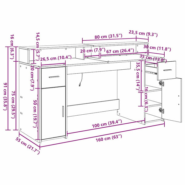 vidaXL Desk Black Oak 160 x 55 x 91 cm Engineered Wood