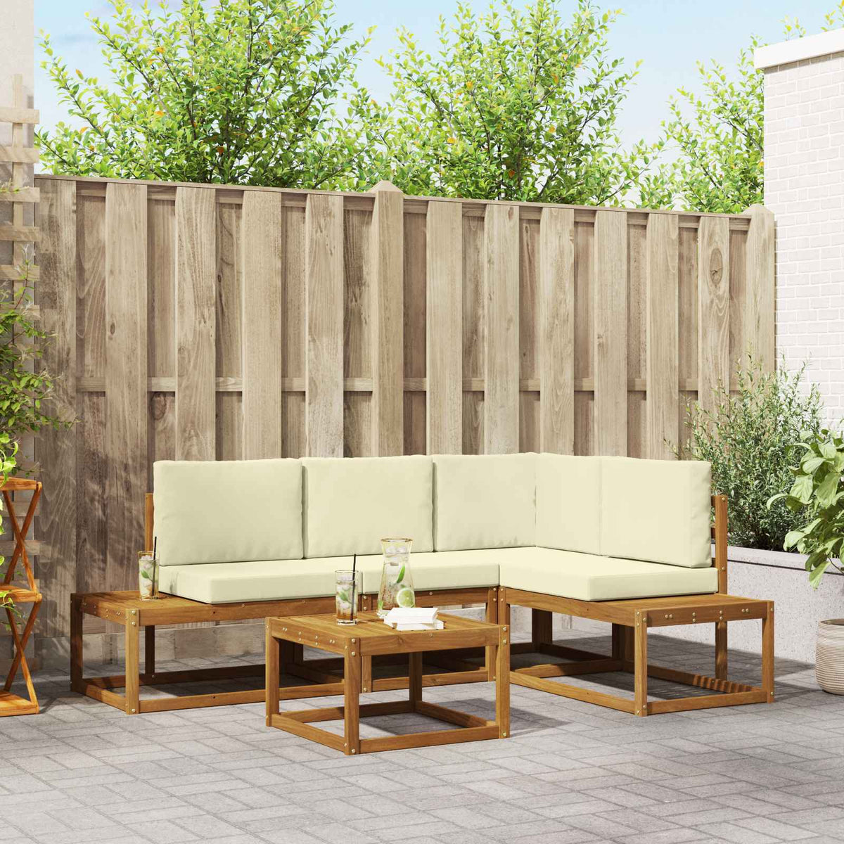 vidaXL Outdoor Sofa Set with Cushions 5 Piece Natural and Cream