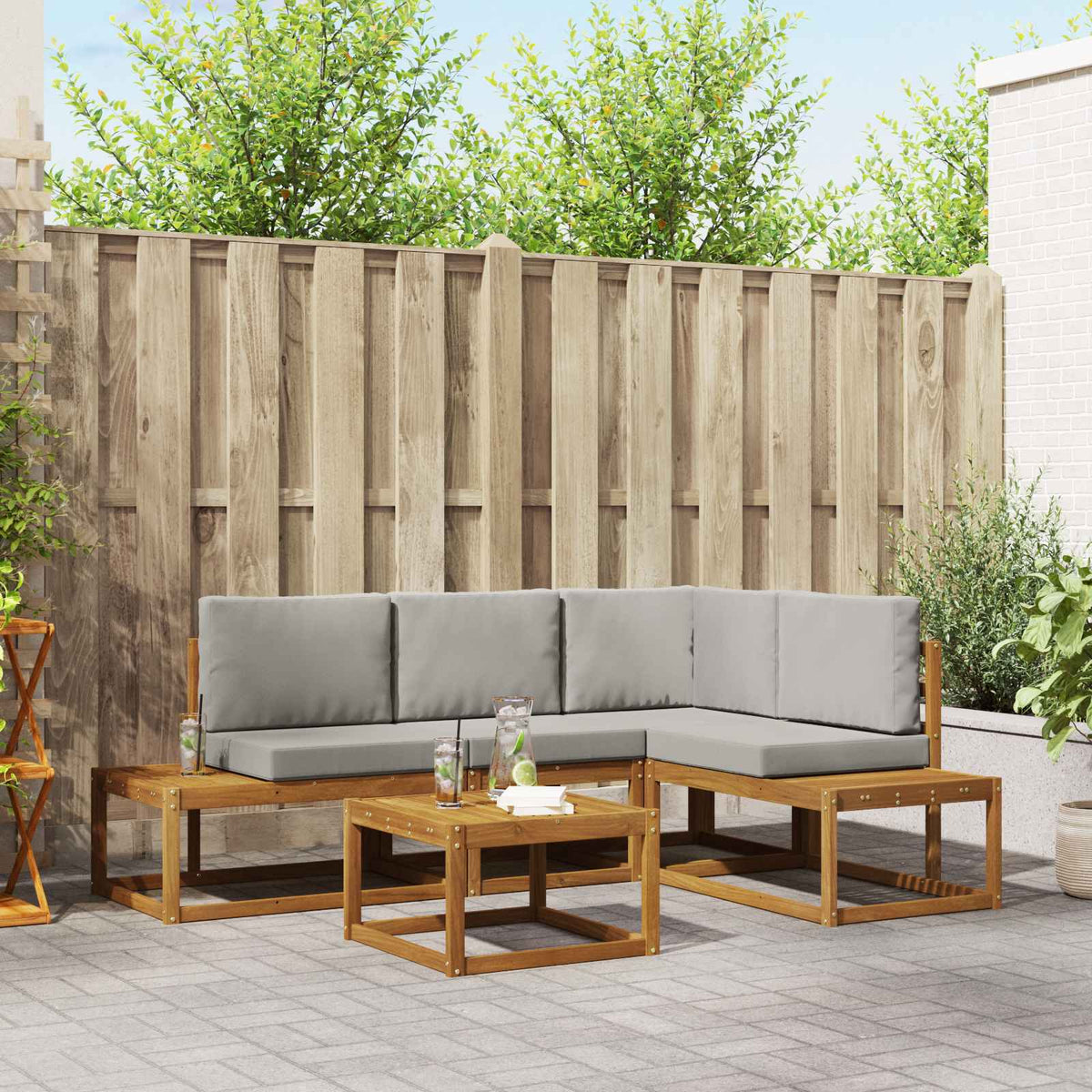 vidaXL 5-Piece Outdoor Sofa Set with Cushions Natural and Light Grey