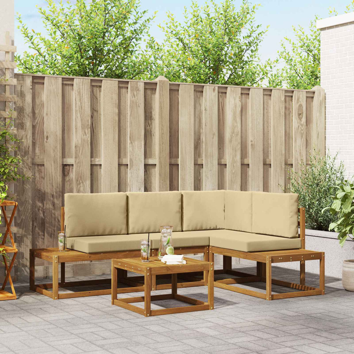 vidaXL 5 Piece Outdoor Sofa Set with Cushions Natural and Beige