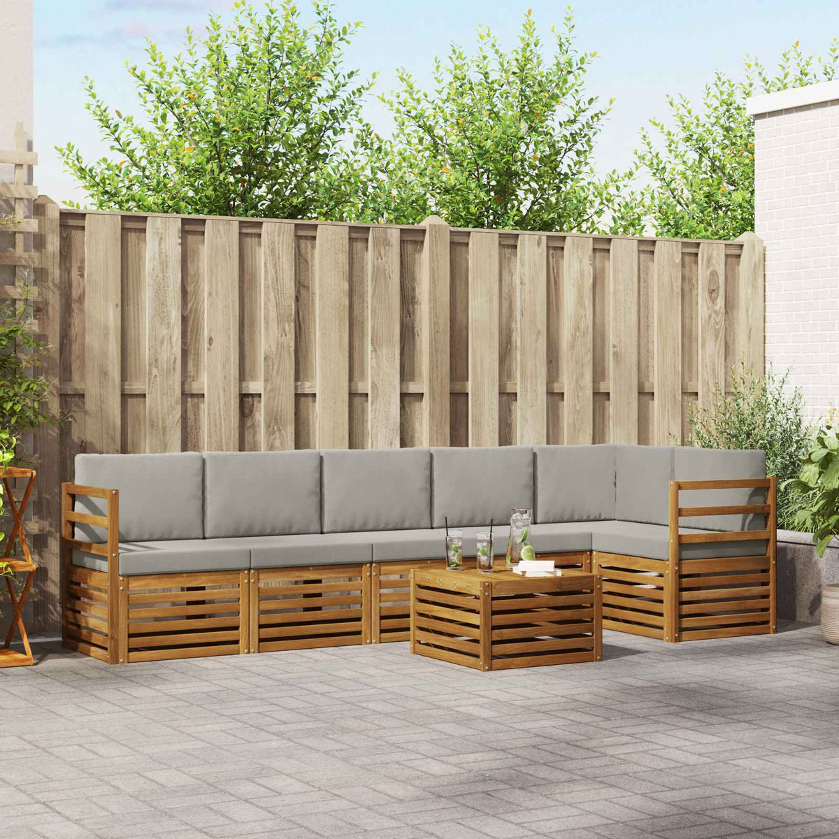vidaXL Corner Sofa Set 7 pcs Natural and Light Grey Solid Acacia Wood