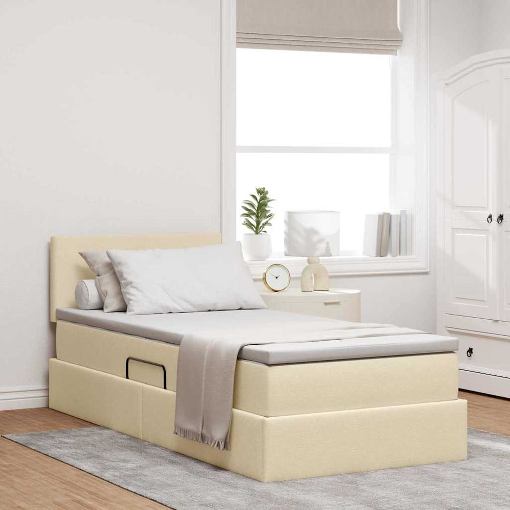 vidaXL Storage Bed with LED and Mattress Cream 90 x 200 cm Fabric