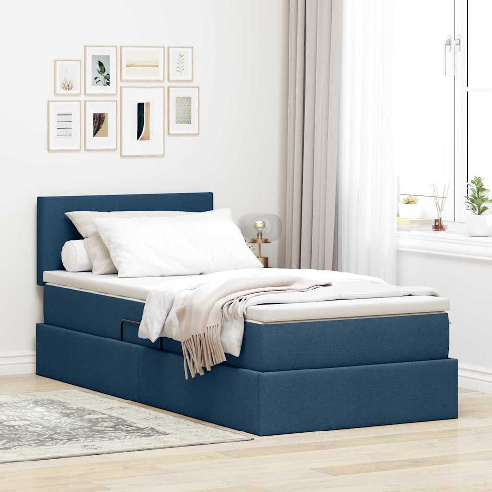 vidaXL Bed with Storage and LED with Mattress Blue 90 x 200 cm Fabric