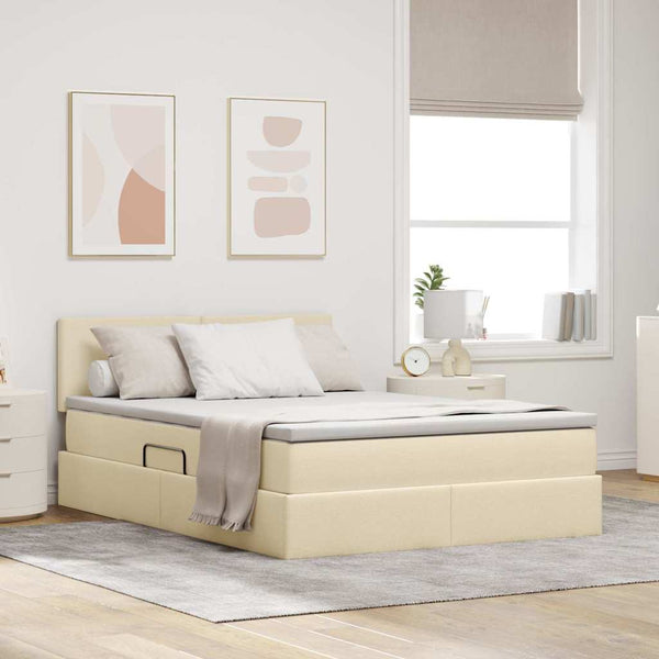 vidaXL Fabric Storage Bed with LED and Mattress Cream 140 x 190 cm