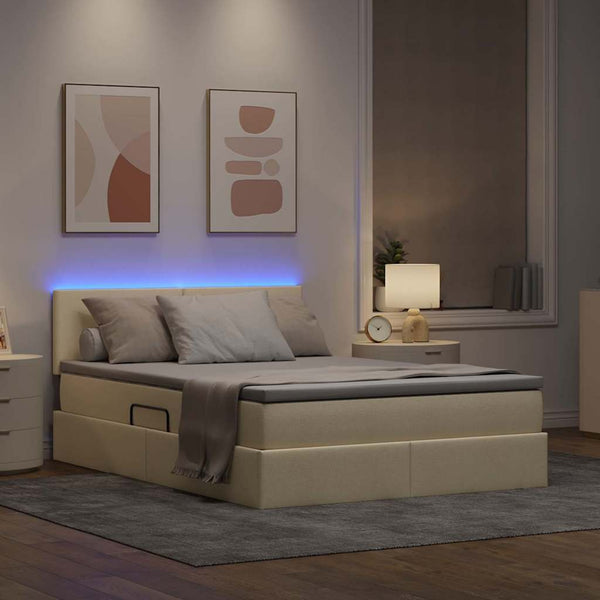 vidaXL Bed with Storage and LED with Mattress Cream 140 x 200 cm Fabric