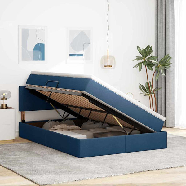 vidaXL Storage Bed with LED and Mattress Blue 140 x 200 cm Fabric