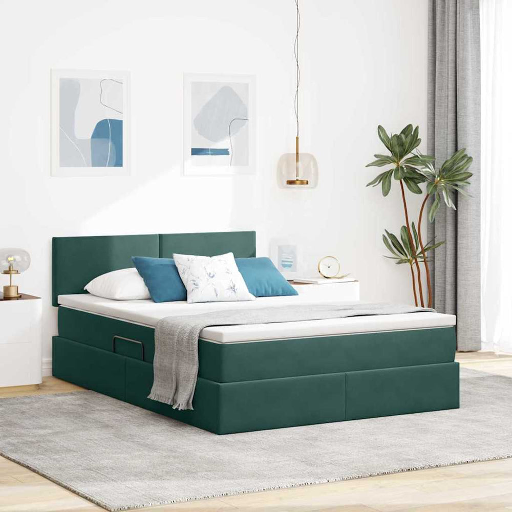 vidaXL Storage Bed with LED Dark Green 140 x 190 cm Velvet
