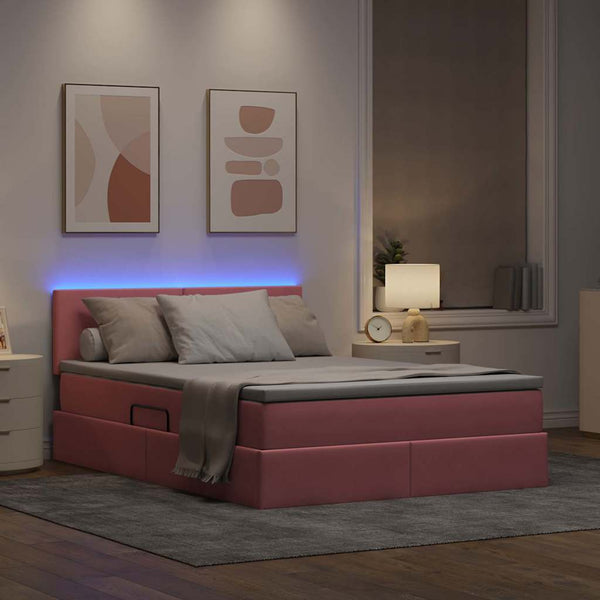 vidaXL Storage Bed with LED and Mattress Pink 140 x 190 cm Velvet