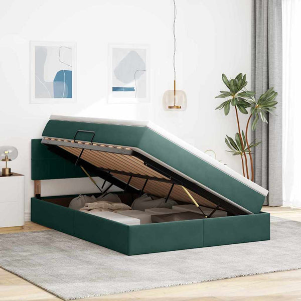 vidaXL Storage Bed with LED Dark Green 140 x 190 cm Velvet
