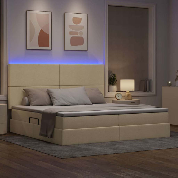 vidaXL Bed with Storage and LED with LED Cream 200 x 200 cm Polyester