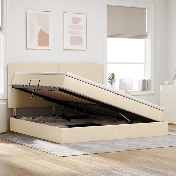 vidaXL Bed with Storage and LED with LED Cream 200 x 200 cm Polyester