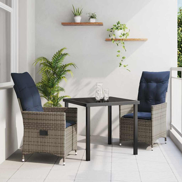 vidaXL Table and Chair Set with Cushions 3 pcs Grey PE Rattan