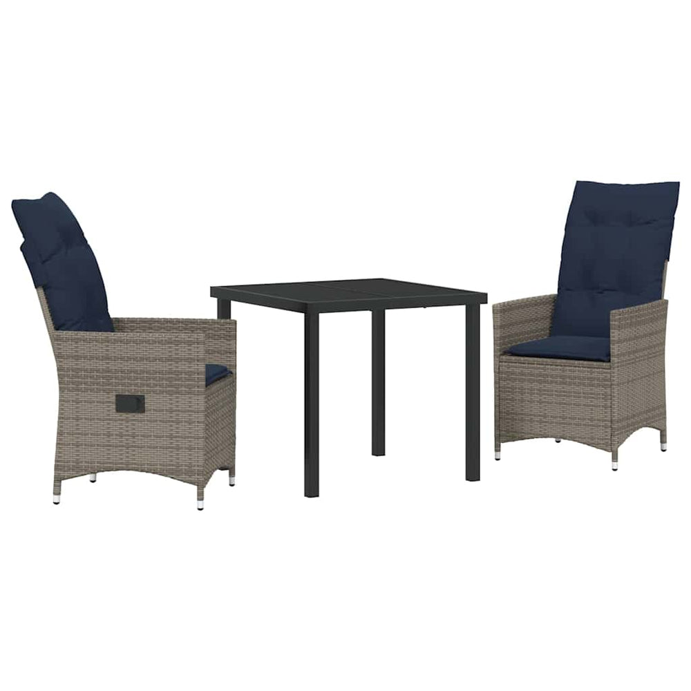 vidaXL Table and Chair Set with Cushions 3 pcs Grey PE Rattan