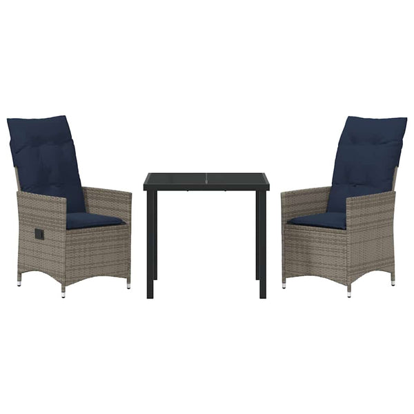 vidaXL Table and Chair Set with Cushions 3 pcs Grey PE Rattan