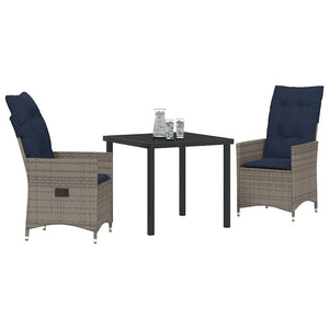 vidaXL Table and Chair Set with Cushions 3 pcs Grey PE Rattan