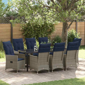vidaXL Table and Chair Set with Cushions 9 pcs Grey PE Rattan