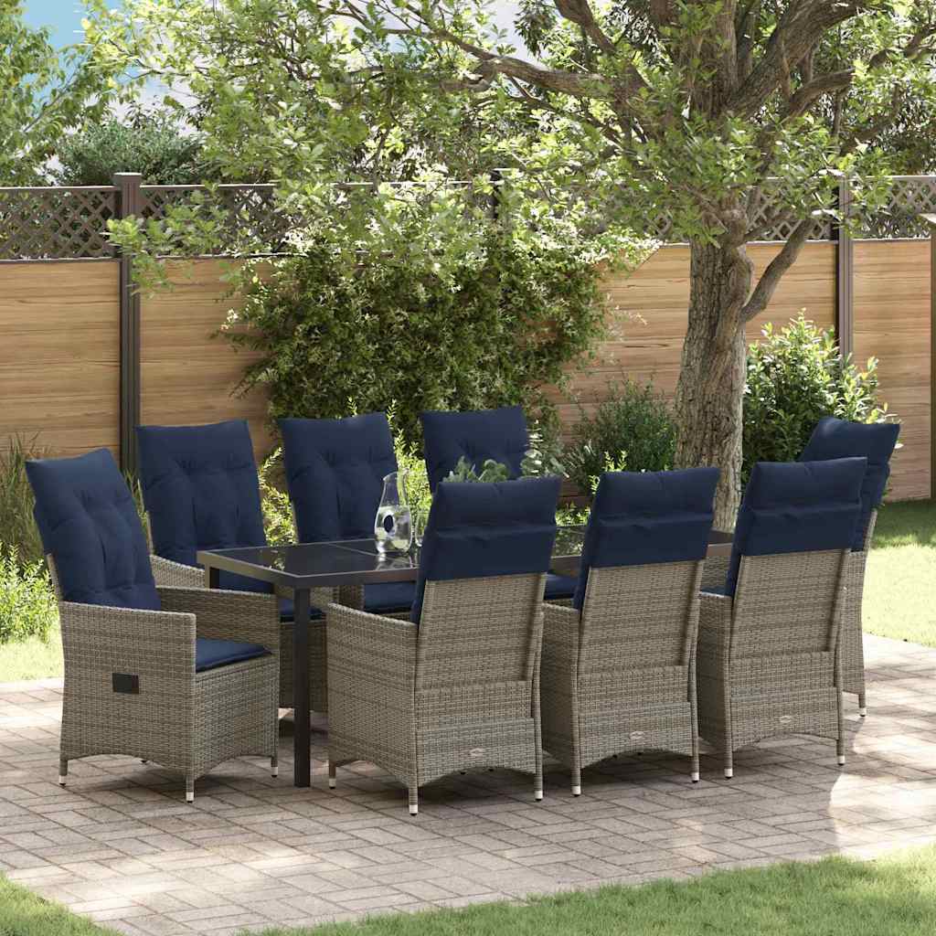 vidaXL Table and Chair Set with Cushions 9 pcs Grey PE Rattan