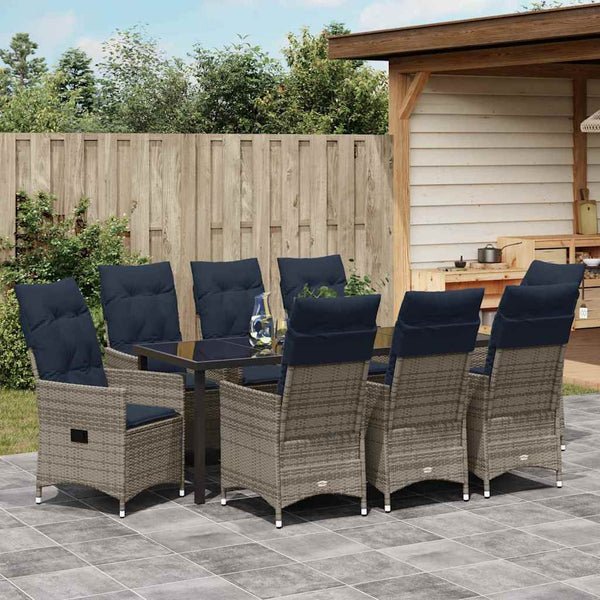 vidaXL Table and Chair Set with Cushions 9 pcs Grey PE Rattan