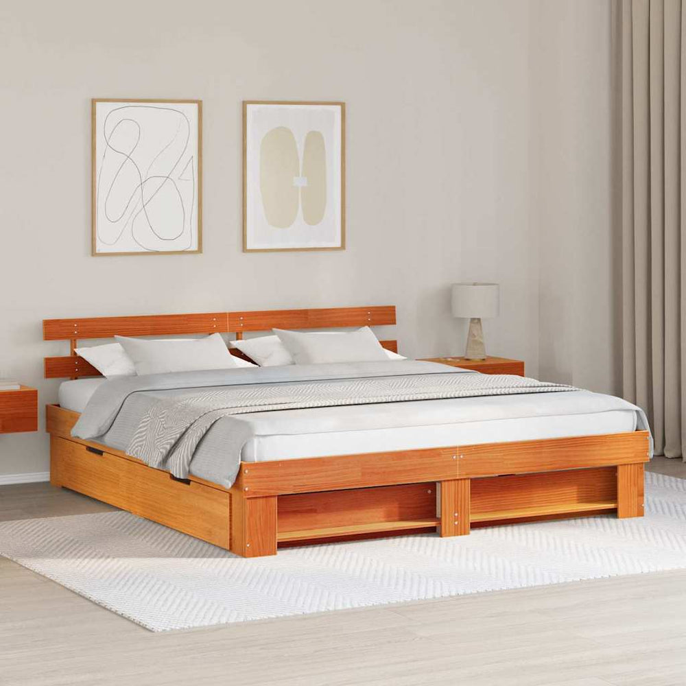 vidaXL Bed Frame Waxed Brown 200 x 200 cm Solid Pine Wood