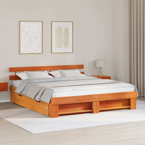 vidaXL Bed Frame Waxed Brown 200 x 200 cm Solid Pine Wood