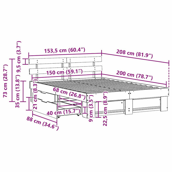 vidaXL Bed Frame with Headboard Brown 150 x 200 cm Solid Pine Wood