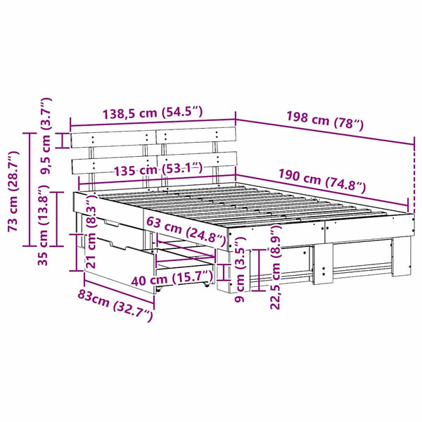 vidaXL Bed Frame with Headboard Brown 135 x 190 cm Solid Pine Wood