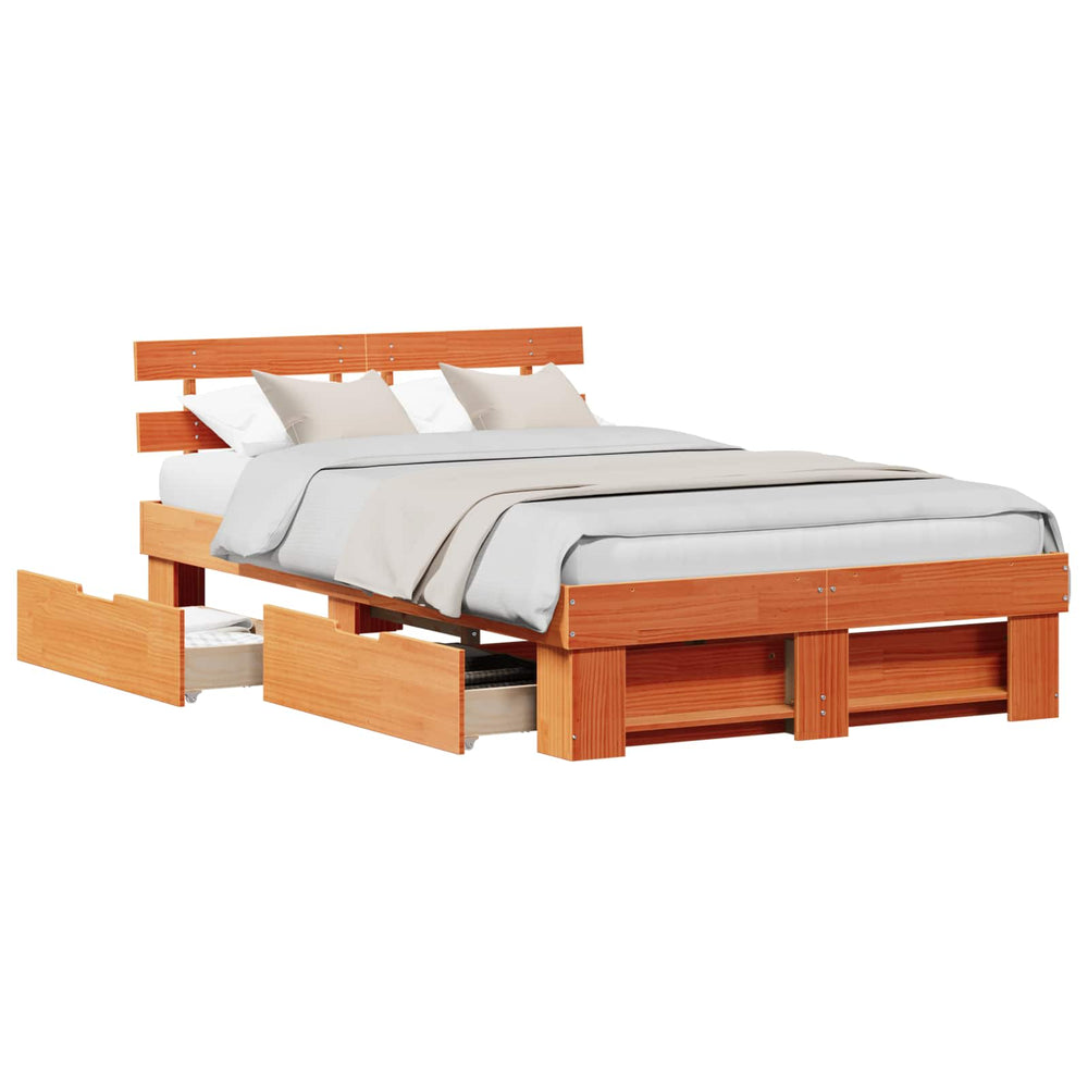 vidaXL Bed Frame Waxed Brown 135 x 190 cm Solid Pine Wood