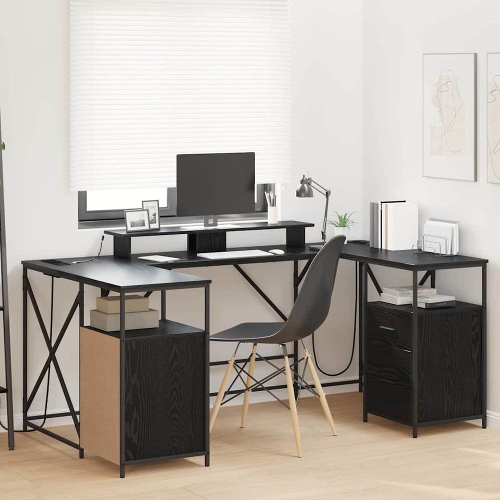 vidaXL Desk with Shelf Black Oak Look 182 x 101 x 87.5 cm