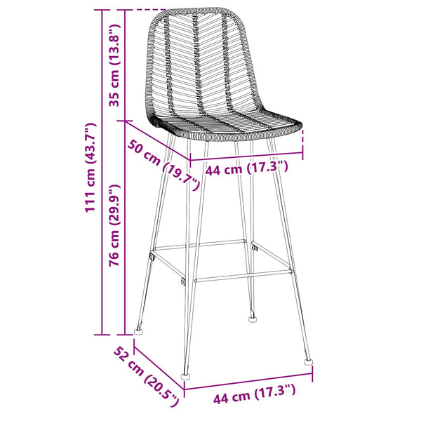 vidaXL Bar Stools 2 pcs Black 44.5 x 53 x 111 cm Rattan and Iron