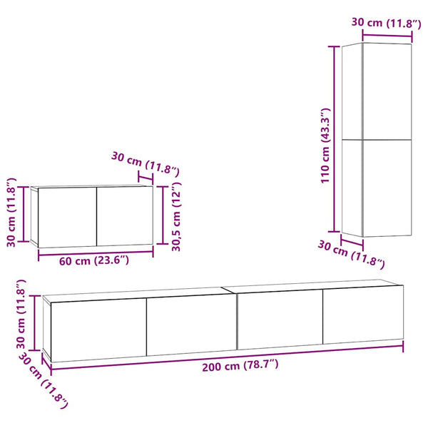 vidaXL Wall-Mounted TV Cabinet 4 pcs Black Oak Look Engineered Wood