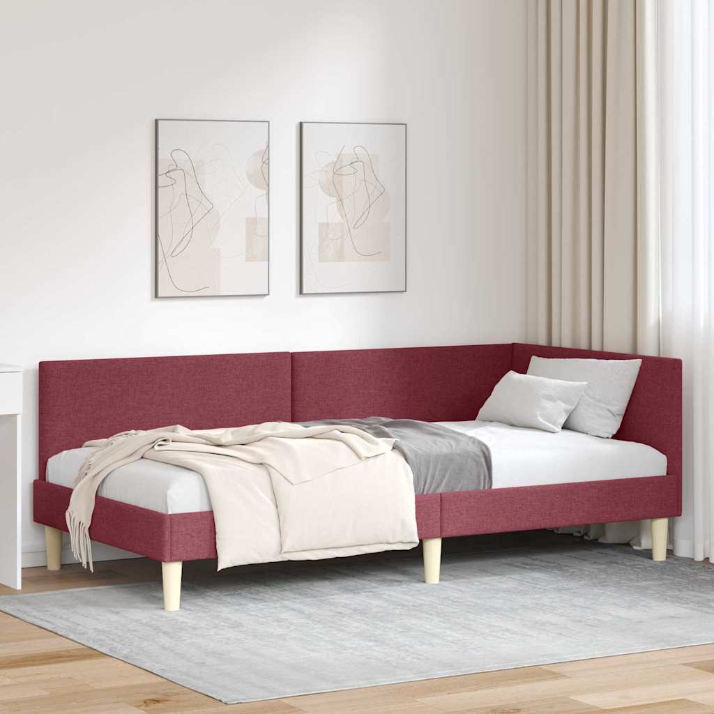 vidaXL Corner Bed Frame Wine Red 90 cm x 190 cm Fabric and Plywood