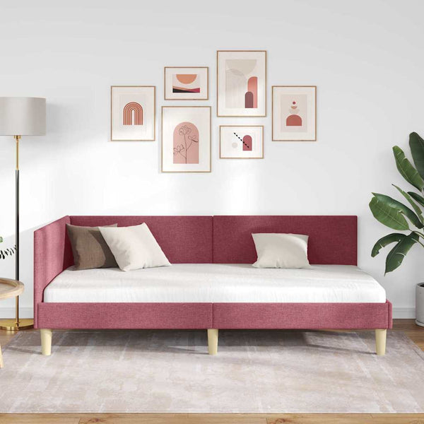 vidaXL Corner Bed Frame Wine Red 90 cm x 190 cm Fabric and Plywood