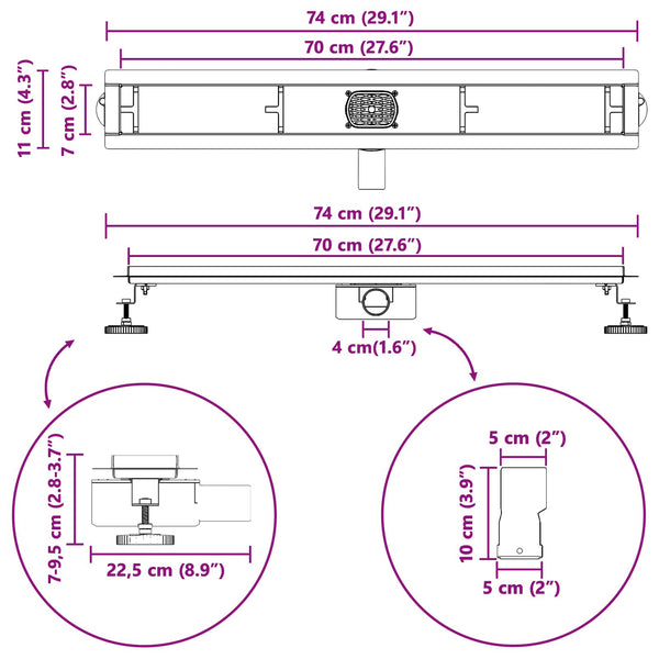 vidaXL 2-in-1 Shower Drain with 360° Siphon Silver 70 cm 304 Stainless Steel
