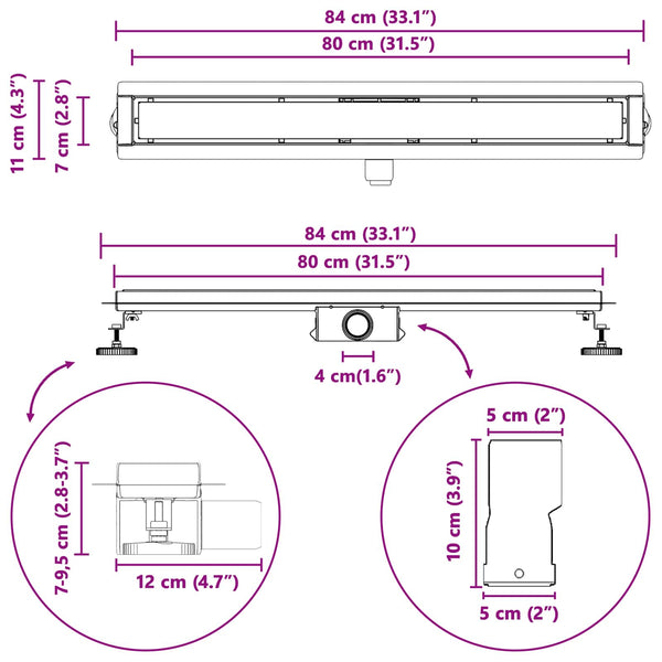 vidaXL 2-in-1 Shower Drain Silver 80 cm Stainless Steel 304
