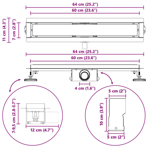 vidaXL 2-in-1 Shower Drain Black 60 cm Stainless Steel 304