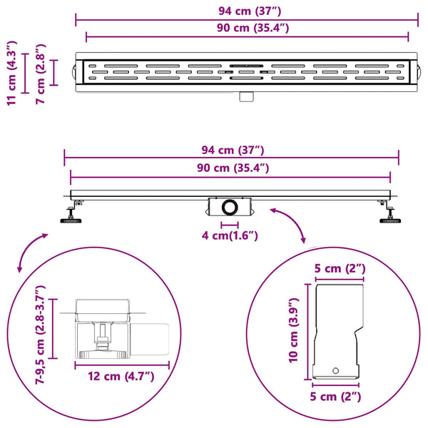 vidaXL Shower Drain with Line Design Silver 90 cm Stainless Steel 304