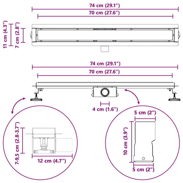 vidaXL Shower Drain with Glass Cover Black 70 cm 304 Stainless Steel