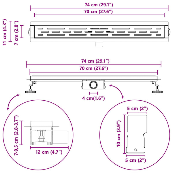 vidaXL Shower Drain with Line Design Silver 70 cm 304 Stainless Steel