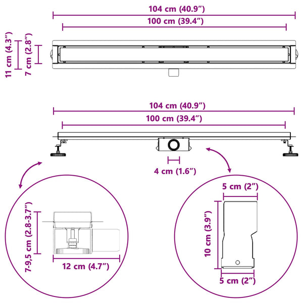 vidaXL Shower Drain with Glass Cover Black 100 cm Stainless Steel 304