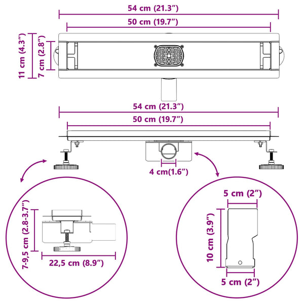 vidaXL 2-in-1 Shower Drain with 360° Siphon Black 50 cm 304 Stainless Steel