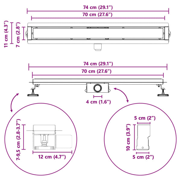 vidaXL 2-in-1 Shower Drain Black 70 cm Stainless Steel 304