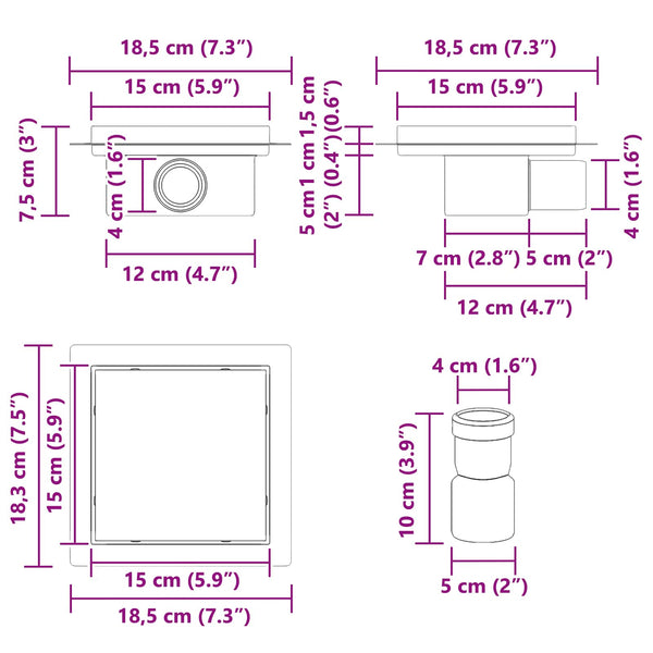 vidaXL 2-in-1 Shower Drain Silver 15 x 15 cm Stainless Steel 304