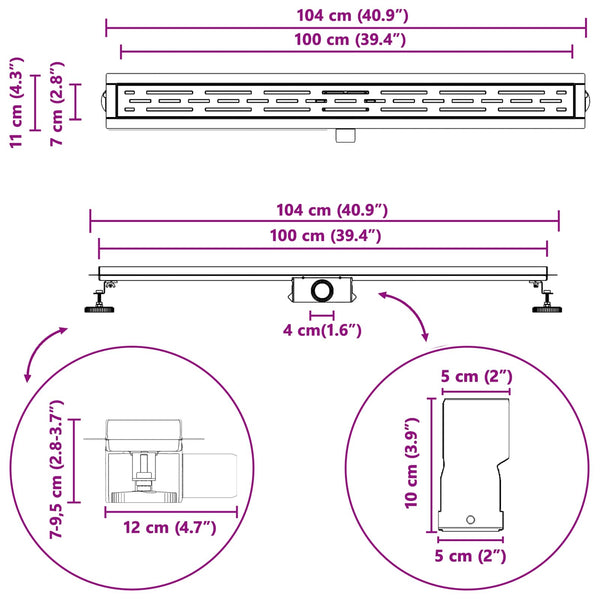 vidaXL Shower Drain with Linear Design Silver 100 cm 304 Stainless Steel