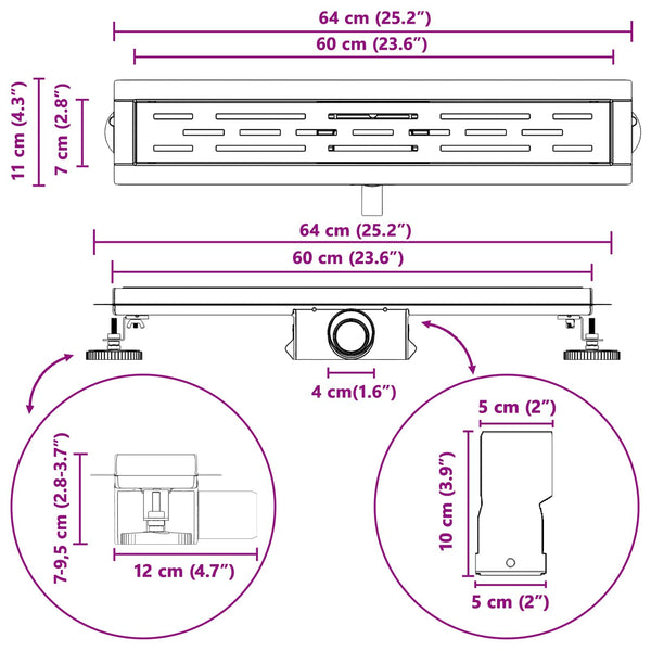 vidaXL Linear Shower Drain Silver 60 cm 304 Stainless Steel