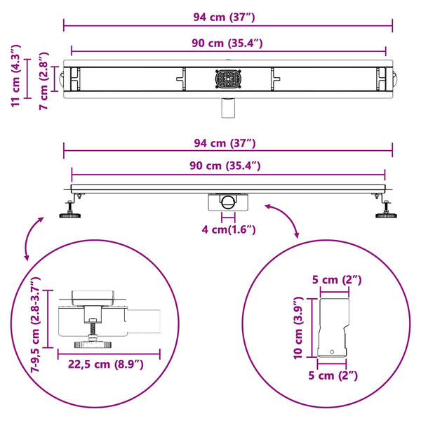 vidaXL 2-in-1 Shower Drain with 360° Siphon Silver 90 cm Stainless Steel 304