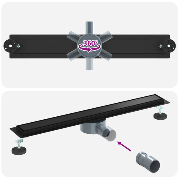 vidaXL 2-in-1 Shower Drain with 360° Siphon Black 70 cm 304 Stainless Steel