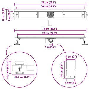 vidaXL 2-in-1 Shower Drain with 360° Siphon Black 70 cm 304 Stainless Steel